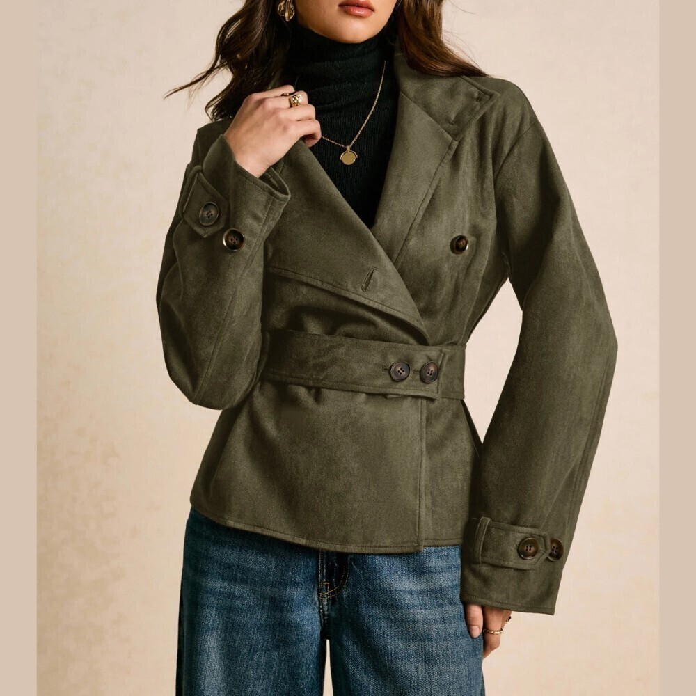 Olive Green Faux Suede Belted Notch Collar Short Trench Coat Jacket